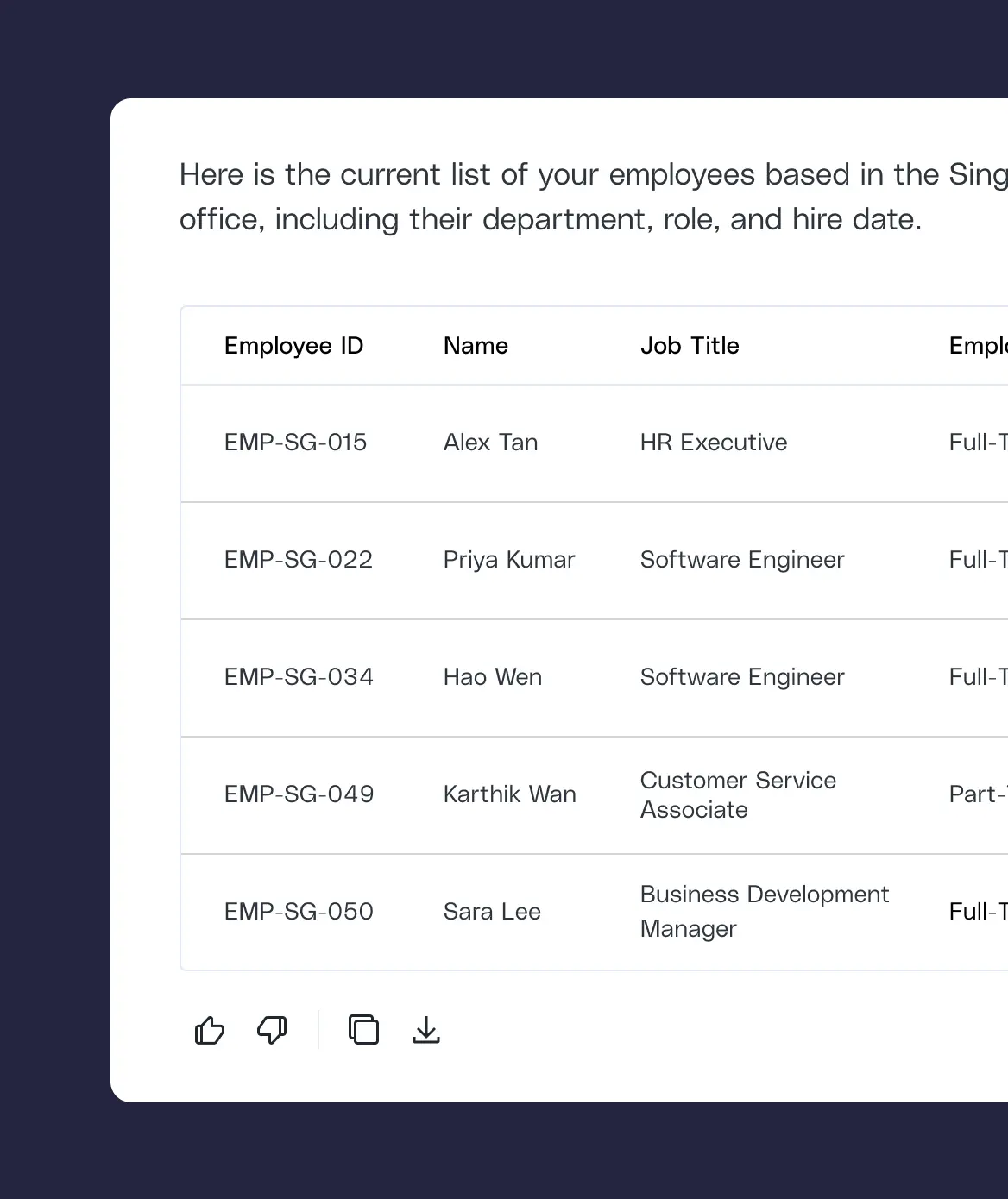Employee directory table displaying names, job titles, and IDs of five Singapore-based employees.