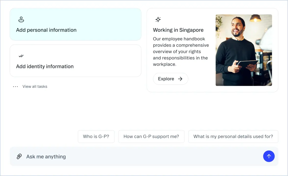 G-P onboarding interface showing tasks to add personal details and an interactive help chat at the bottom.​​ 