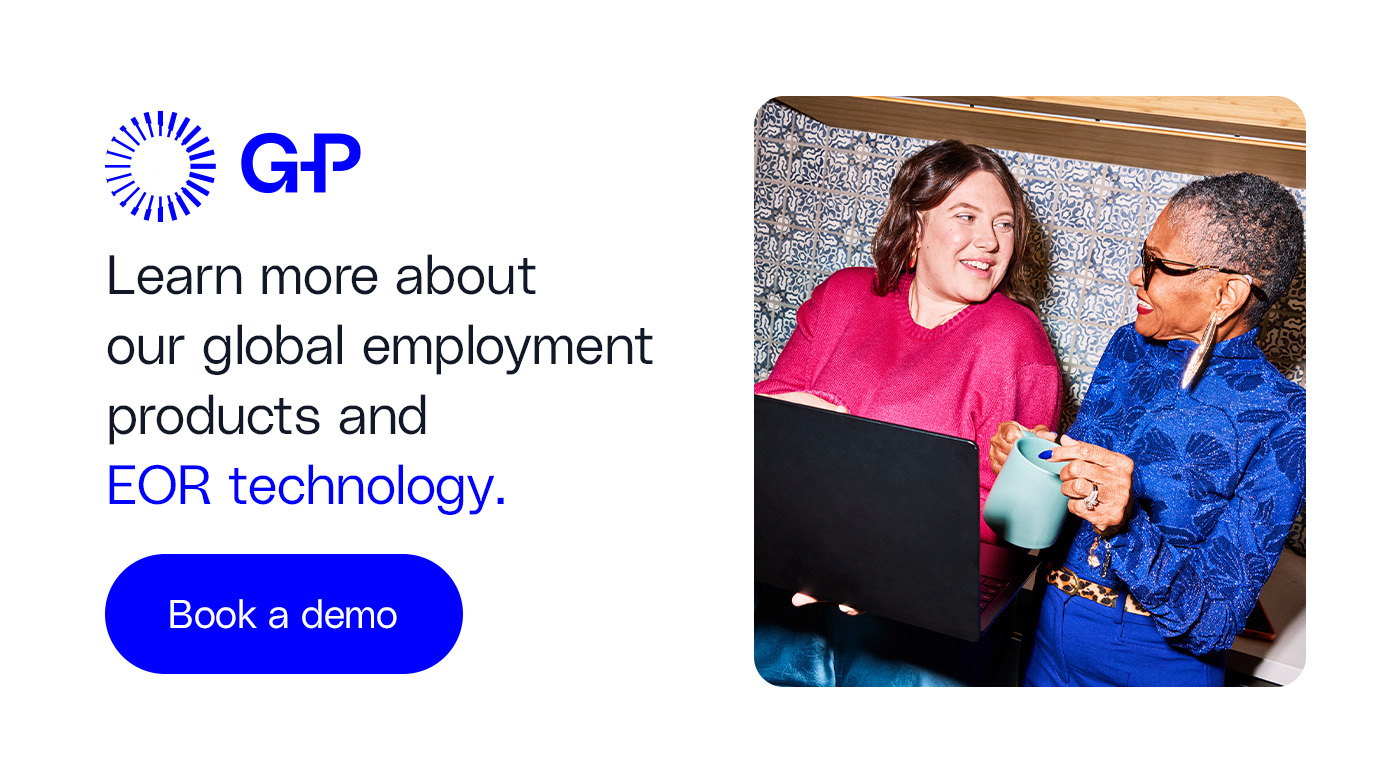 G-P pancarta que promueve productos globales de empleo y la tecnología Plataforma global de empleo (Empleador Oficial), con dos colegas sonrientes con un portátil.​​ 