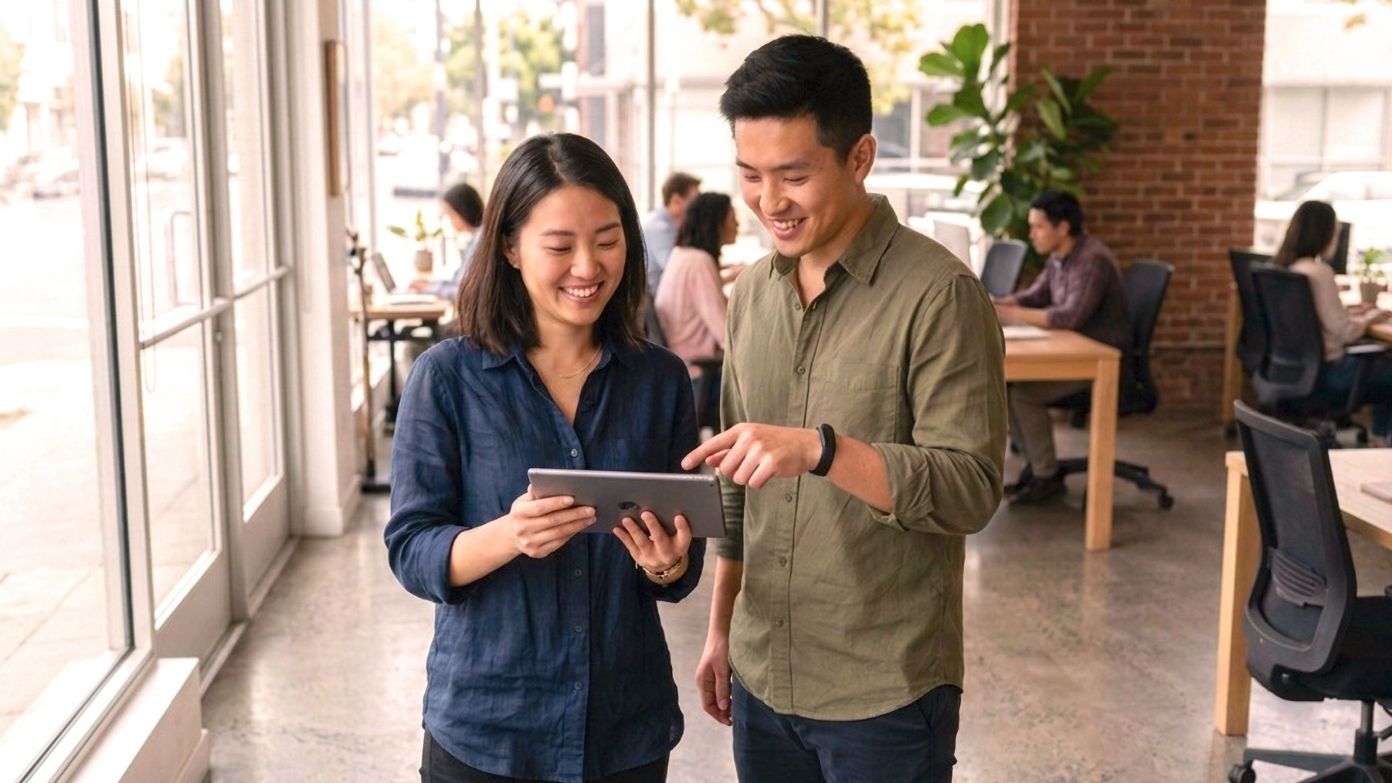 Smiling man and woman looking at a tablet together in a bright, modern office