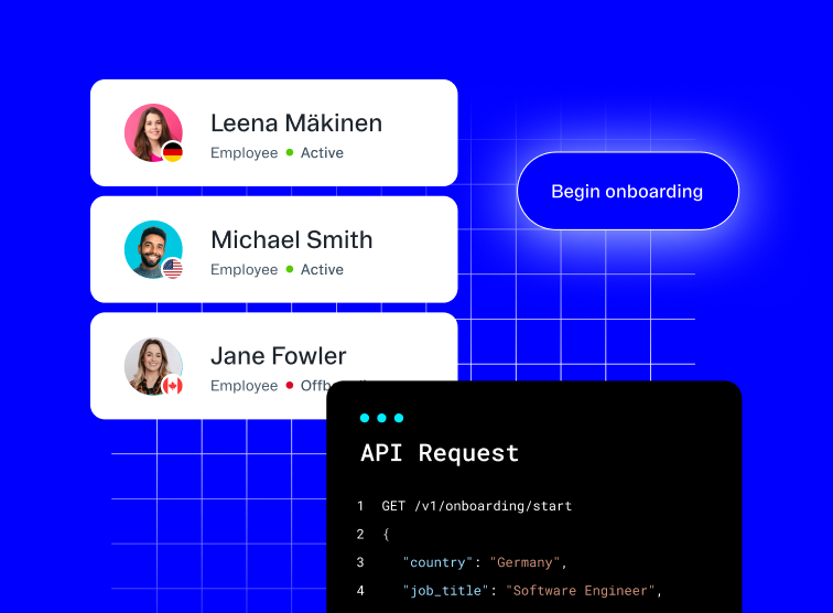 Graphique montrant les profils employé, un bouton Begin intégration, et un extrait de code de demande Interface de programmation​​ 