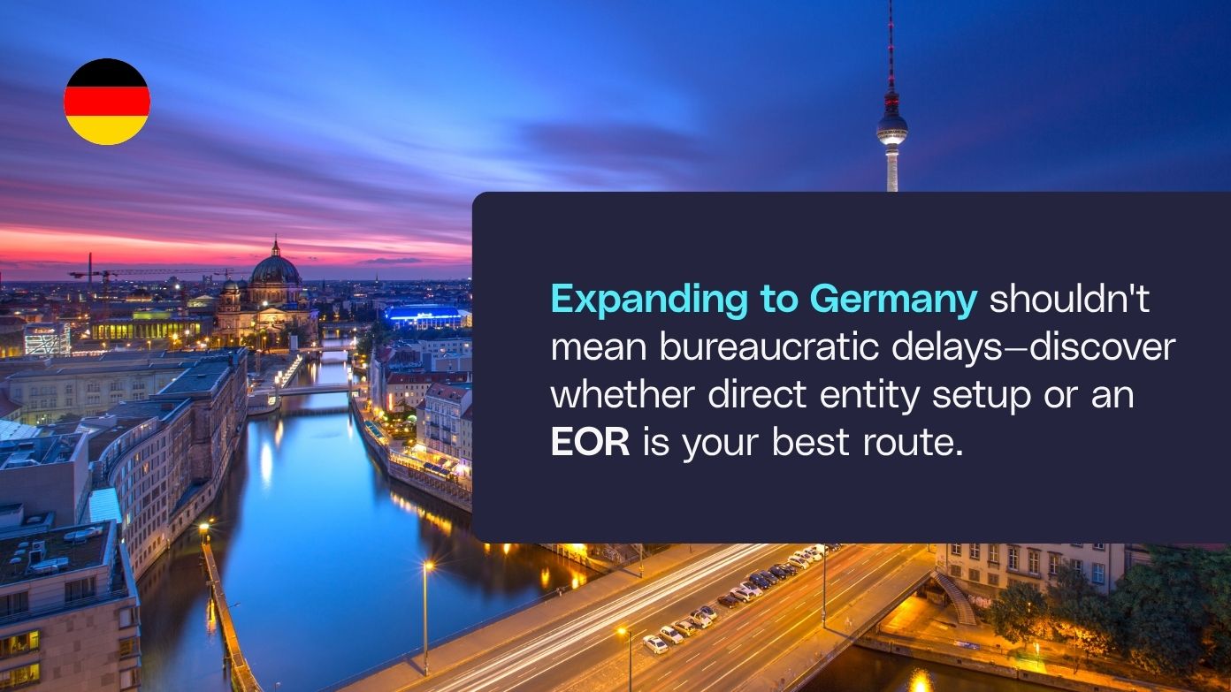 Expandir a Alemania: creación directa de entidad o banner guía de Plataforma global de empleo (Empleador de Registro) con un paisaje urbano berlínese por la noche​​ 