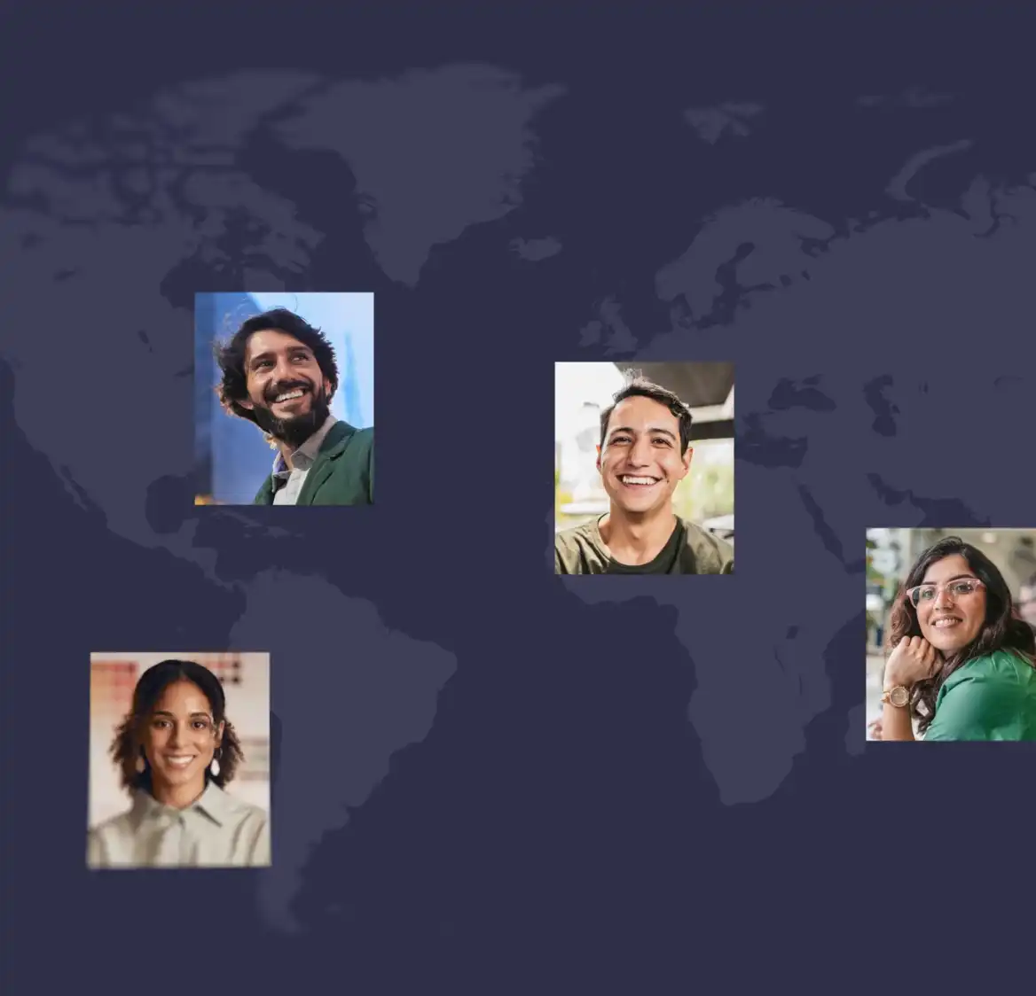 Portraits of four smiling, diverse professionals positioned over a world map, representing global connection