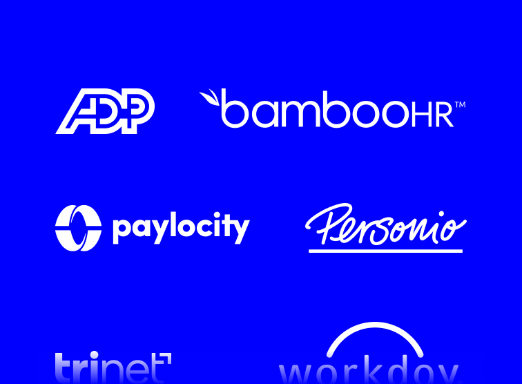 Graphique montrant les logos des partenaires logiciels RESSOURCES HUMAINES incluant ADP, BambooHR, Paylocity, Personio, TriNet et Workday​​ 