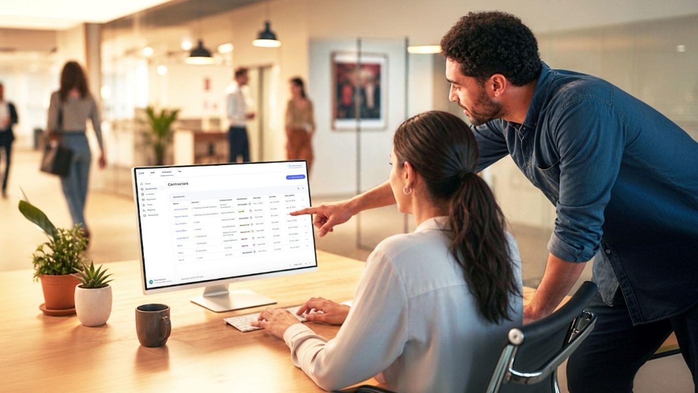 Mann und Frau überprüfen Auftragnehmer-Daten auf einem Computerbildschirm in einem hellen, modernen offenen Büro​​ 