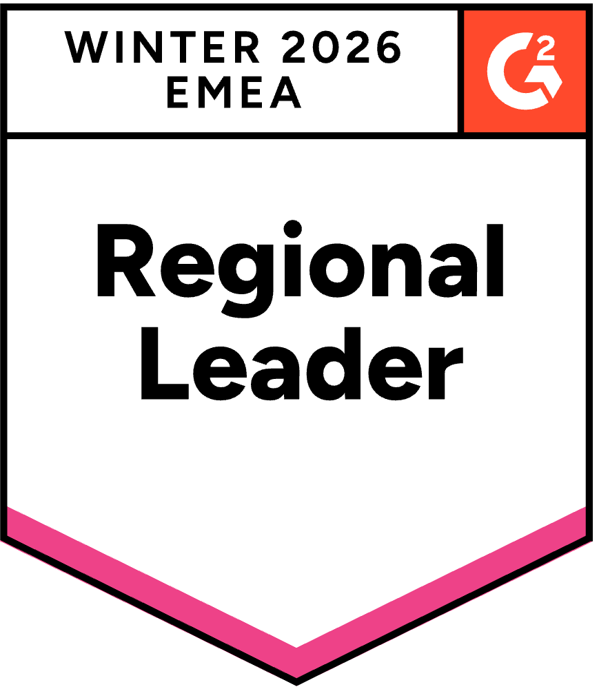 Award badge from G2 designating a Winter 2026 EMEA Regional Leader