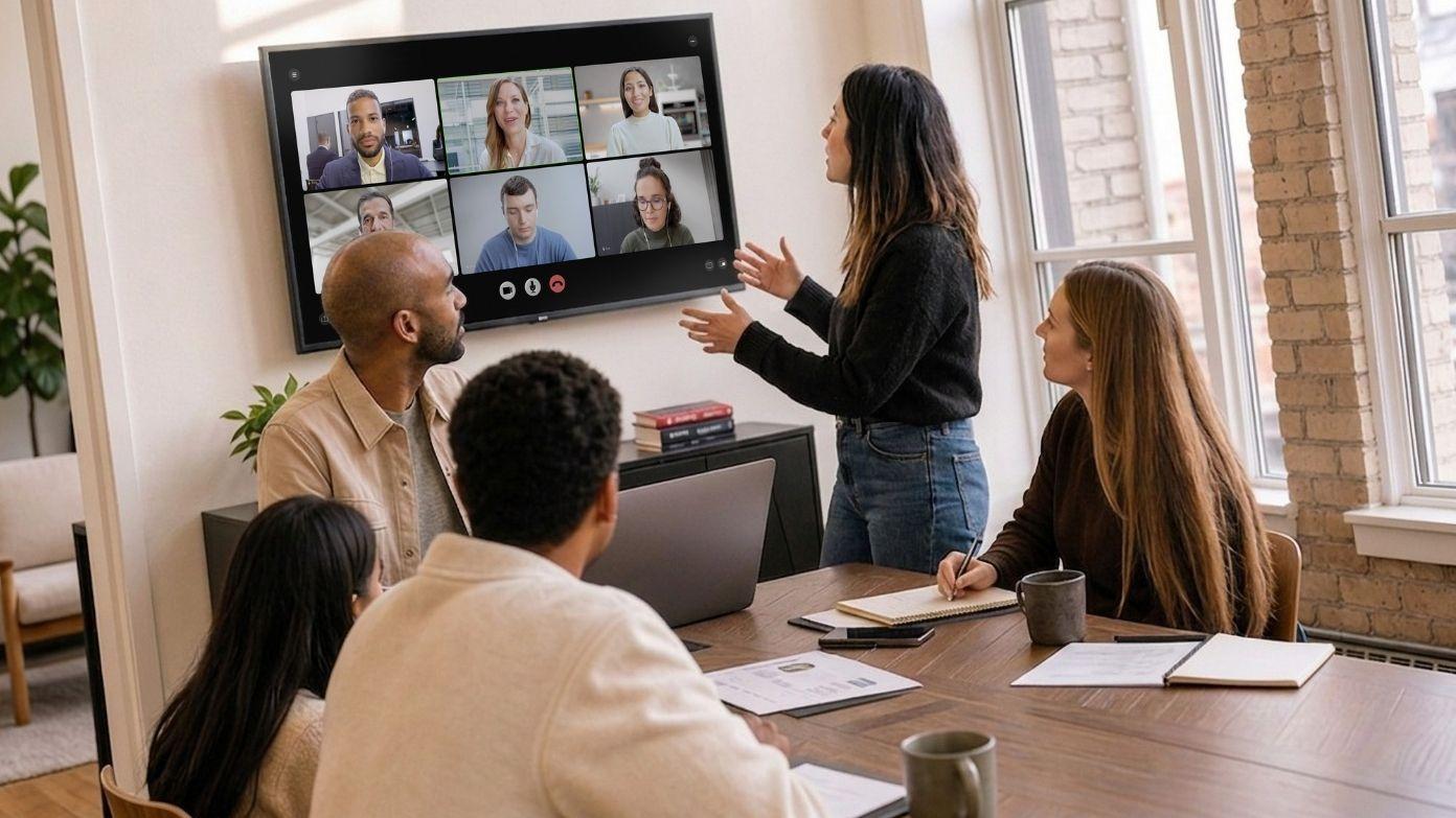 Des employés de bureau dans une salle de réunion en visioconférence hybride avec des membres de l’équipe à distance sur un grand écran.​​ 