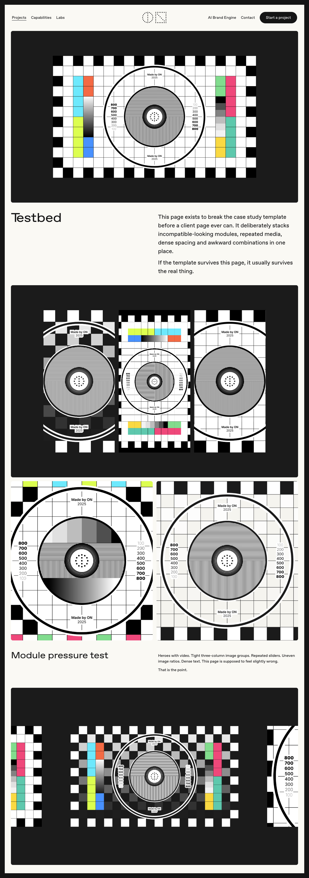 The Testbed case study page: stacked black-and-white technical test patterns and circular targets used as module pressure tests, never visible publicly.