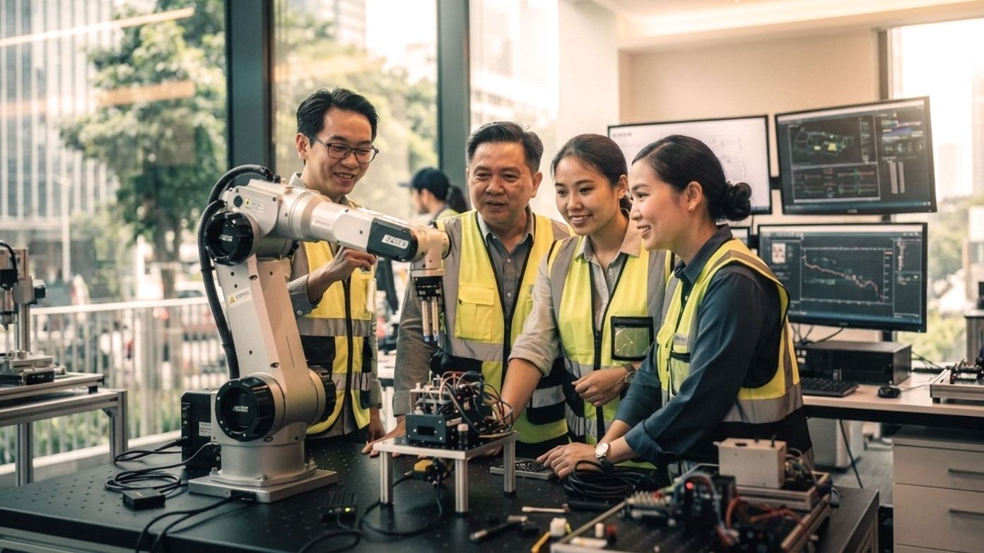 Four engineers wearing safety vests collaborate on a robotic arm in a modern high-tech laboratory.