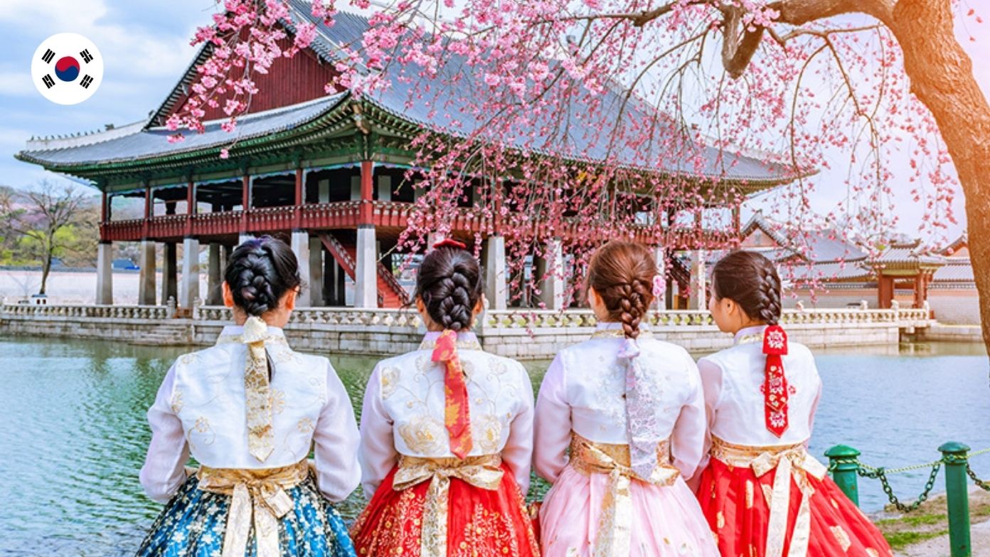 四位身著傳統韓服的女子在盛開的櫻花樹下眺望慶會大樓。​​ 