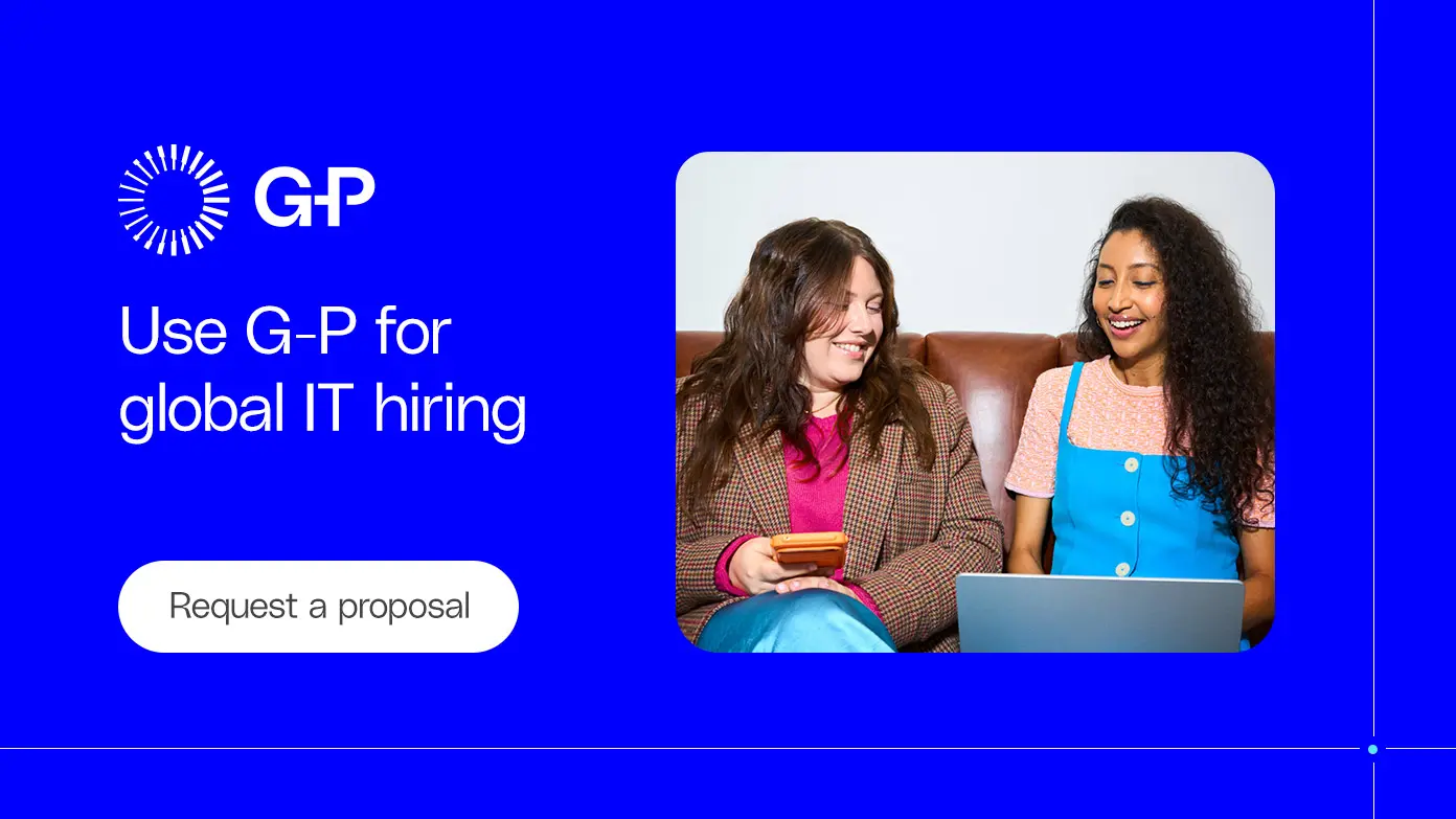 G-P global IT hiring services banner featuring IT professionals using a laptop and smartphone; request a proposal to hire tech talent in top countries.