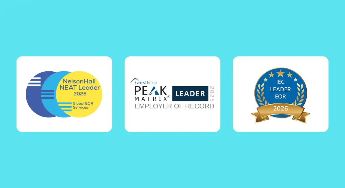 來自 NelsonHall 2025、Everest Group PEAK Matrix 2025 及 IEC 2026 的三枚名義僱主 (EOR) 領袖獎章。​​ 