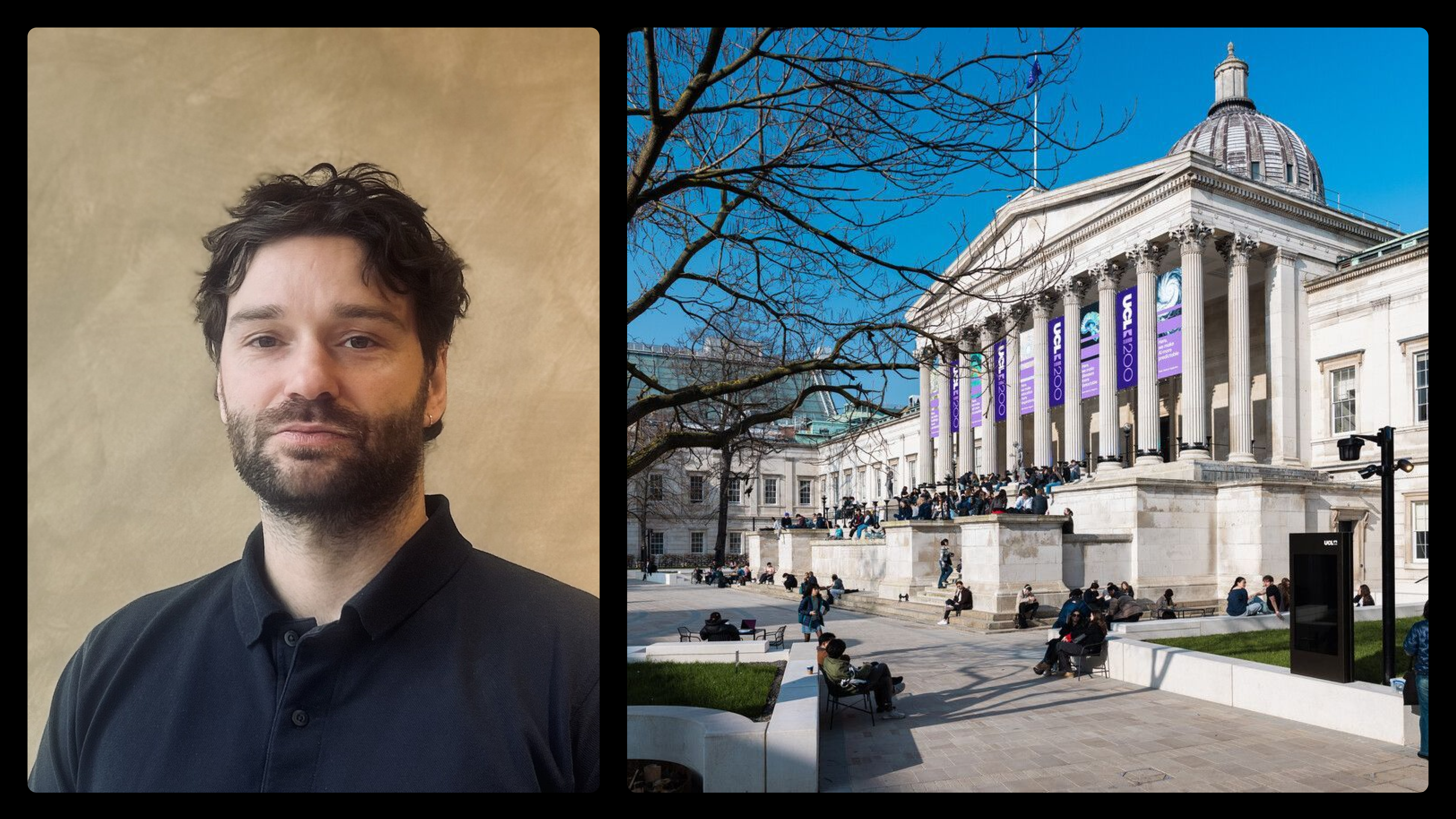 Split composition: a portrait of Theo on the left, the UCL campus on the right