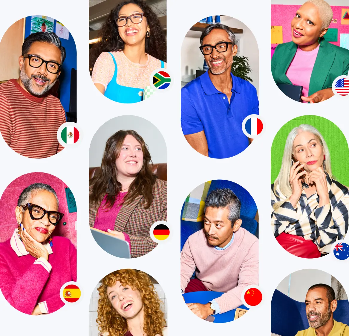 Collage of diverse global professionals with country flags, representing an international workforce