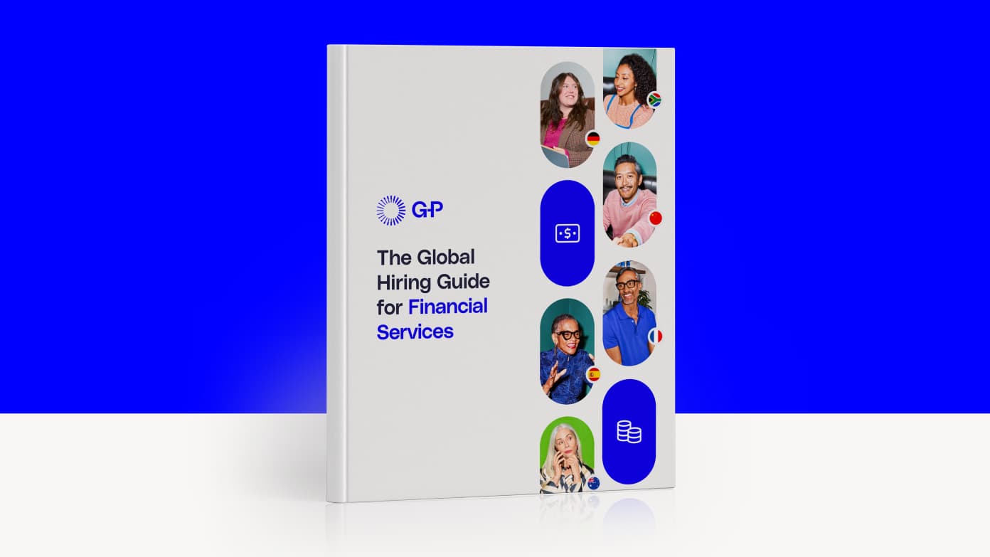 A white-covered book titled "The Global Hiring Guide for Financial Services" on a blue/white background. The cover features an "GP" logo, circular headshots of diverse individuals, and symbols like a dollar sign and a stack of coins